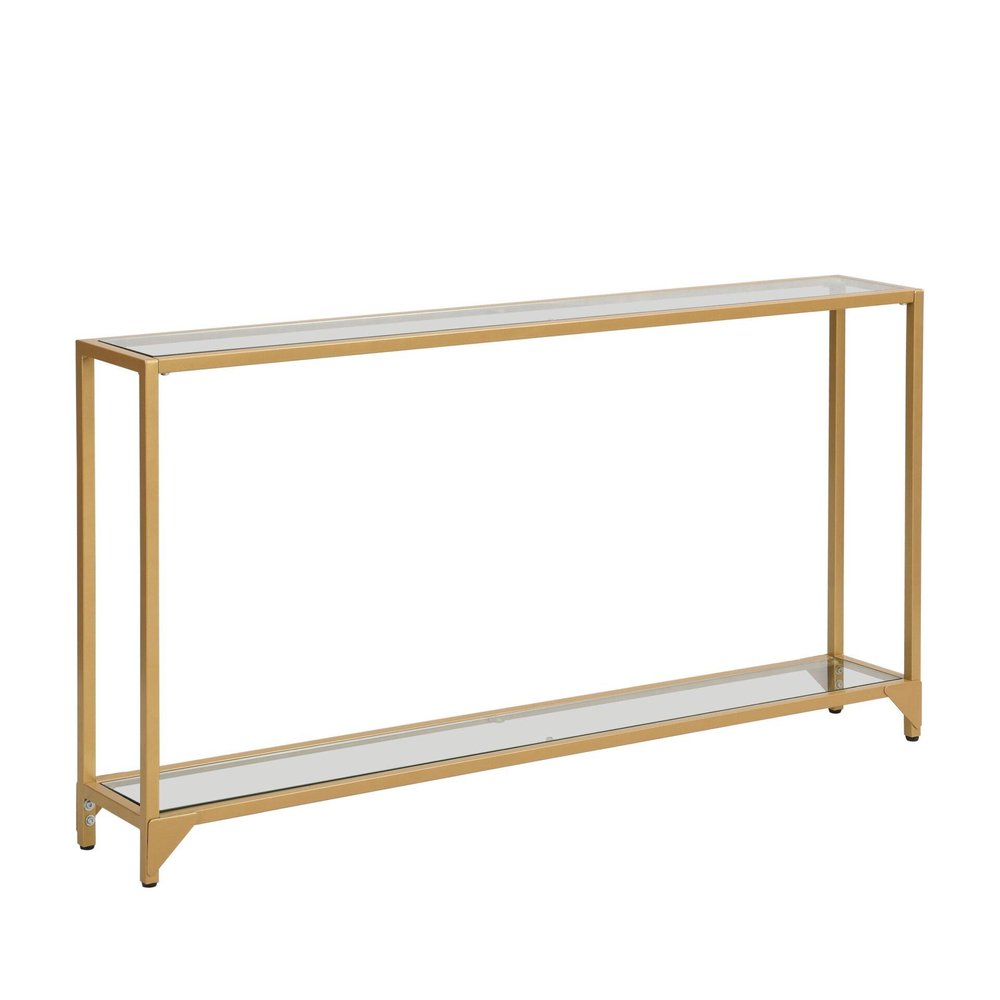 56" Clear and Gold Glass and Iron Console Table With Shelf HomeRoots