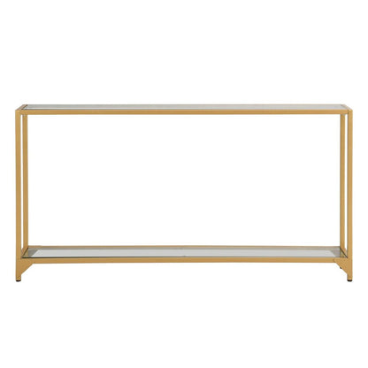 56" Clear and Gold Glass and Iron Console Table With Shelf