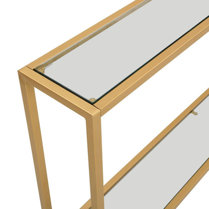 56" Clear and Gold Glass and Iron Console Table With Shelf HomeRoots