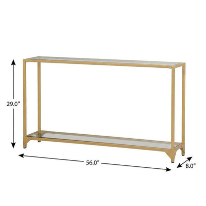 56" Clear and Gold Glass and Iron Console Table With Shelf