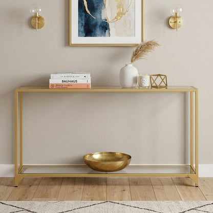 56" Clear and Gold Glass and Iron Console Table With Shelf HomeRoots