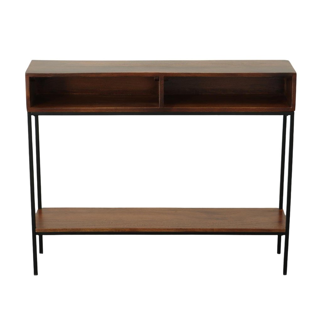 42" Chestnut and Black Solid Wood and Iron Console Table With Shelf — view 2