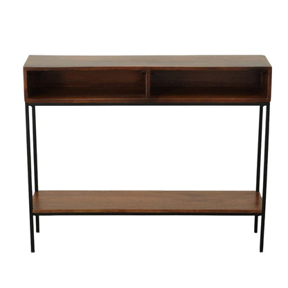 42" Chestnut and Black Solid Wood and Iron Console Table With Shelf