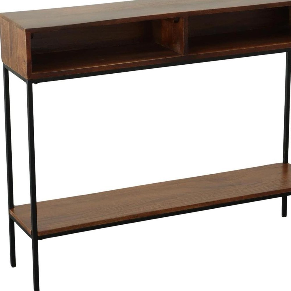42" Chestnut and Black Solid Wood and Iron Console Table With Shelf — view 6