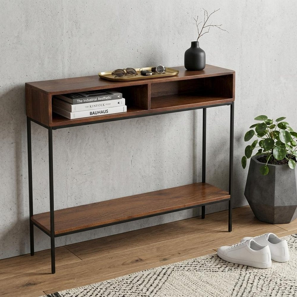 42" Chestnut and Black Solid Wood and Iron Console Table With Shelf — view 8