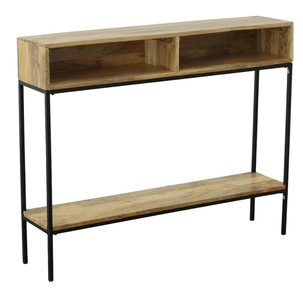 42" Natural and Black Solid Wood and Iron Console Table With Shelf — view 1