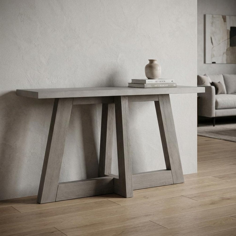 57" White and Gray Concrete and Solid Wood Trestle Console Table HomeRoots