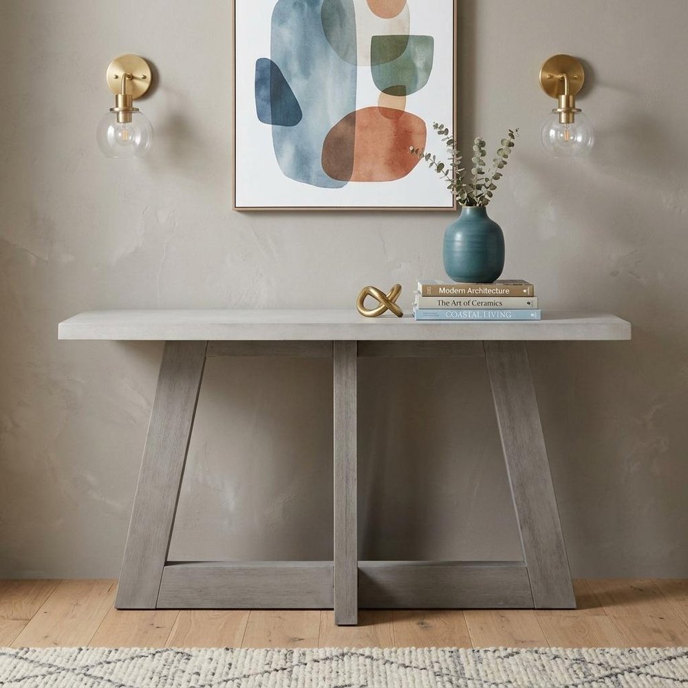 57" White and Gray Concrete and Solid Wood Trestle Console Table — view 5
