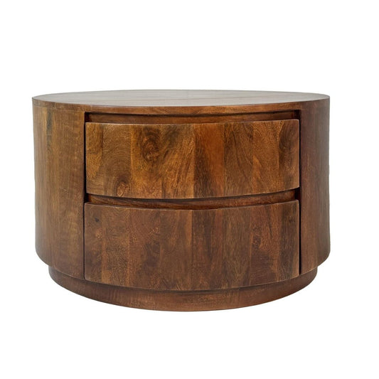 30" Chestnut Solid Wood Round Solid Drum Coffee Table With Two Drawers