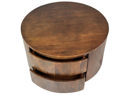 30" Chestnut Solid Wood Round Solid Drum Coffee Table With Two Drawers