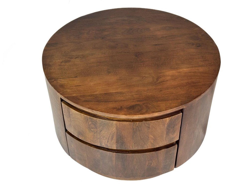 30" Chestnut Solid Wood Round Solid Drum Coffee Table With Two Drawers