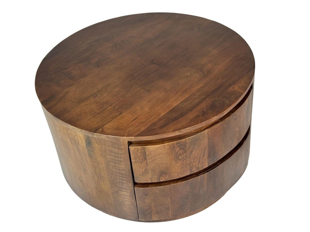 30" Chestnut Solid Wood Round Solid Drum Coffee Table With Two Drawers — view 5