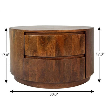 30" Chestnut Solid Wood Round Solid Drum Coffee Table With Two Drawers HomeRoots