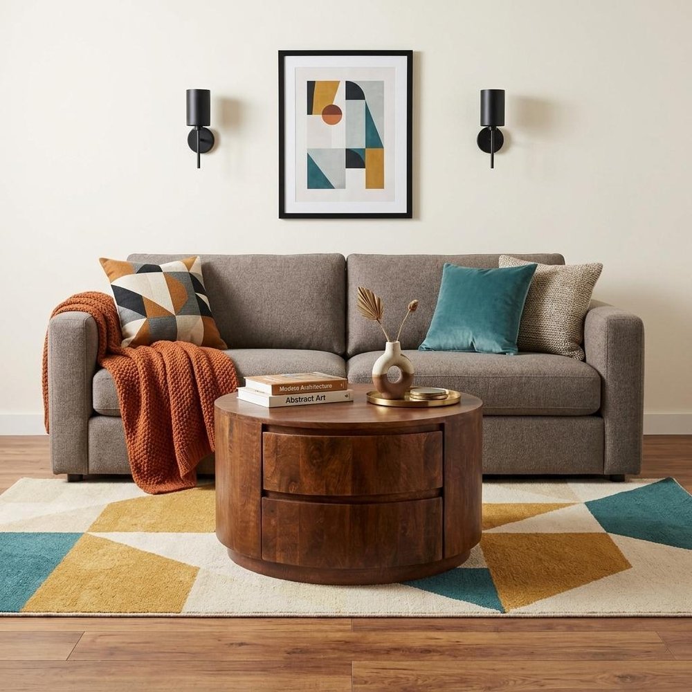 30" Chestnut Solid Wood Round Solid Drum Coffee Table With Two Drawers
