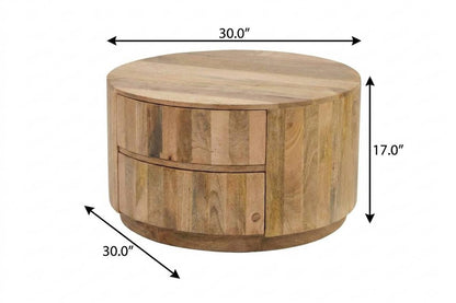 30" Natural Solid Wood Round Solid Drum Coffee Table With Two Drawers HomeRoots