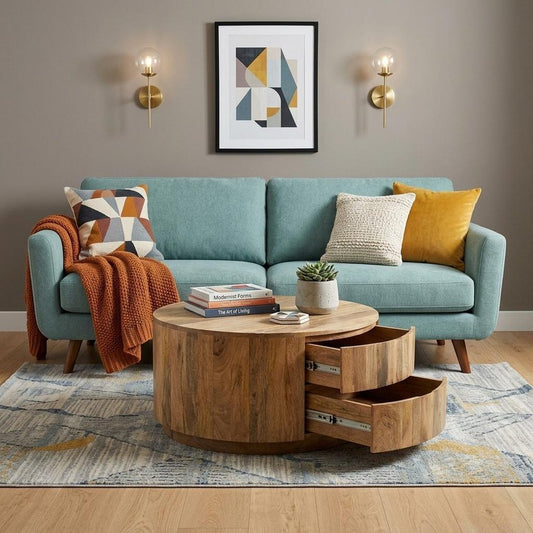 30" Natural Solid Wood Round Solid Drum Coffee Table With Two Drawers