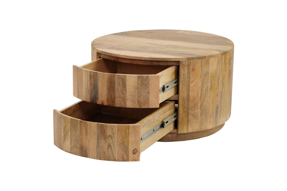 30" Natural Solid Wood Round Solid Drum Coffee Table With Two Drawers