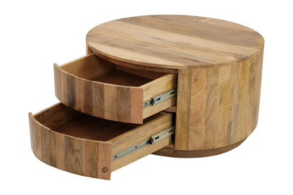 30" Natural Solid Wood Round Solid Drum Coffee Table With Two Drawers HomeRoots
