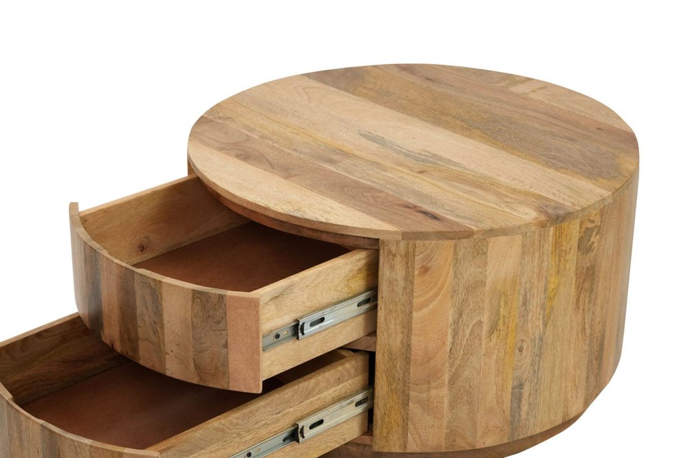 30" Natural Solid Wood Round Solid Drum Coffee Table With Two Drawers HomeRoots