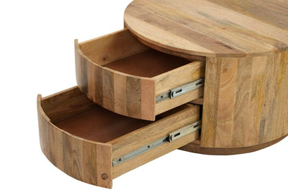 30" Natural Solid Wood Round Solid Drum Coffee Table With Two Drawers HomeRoots