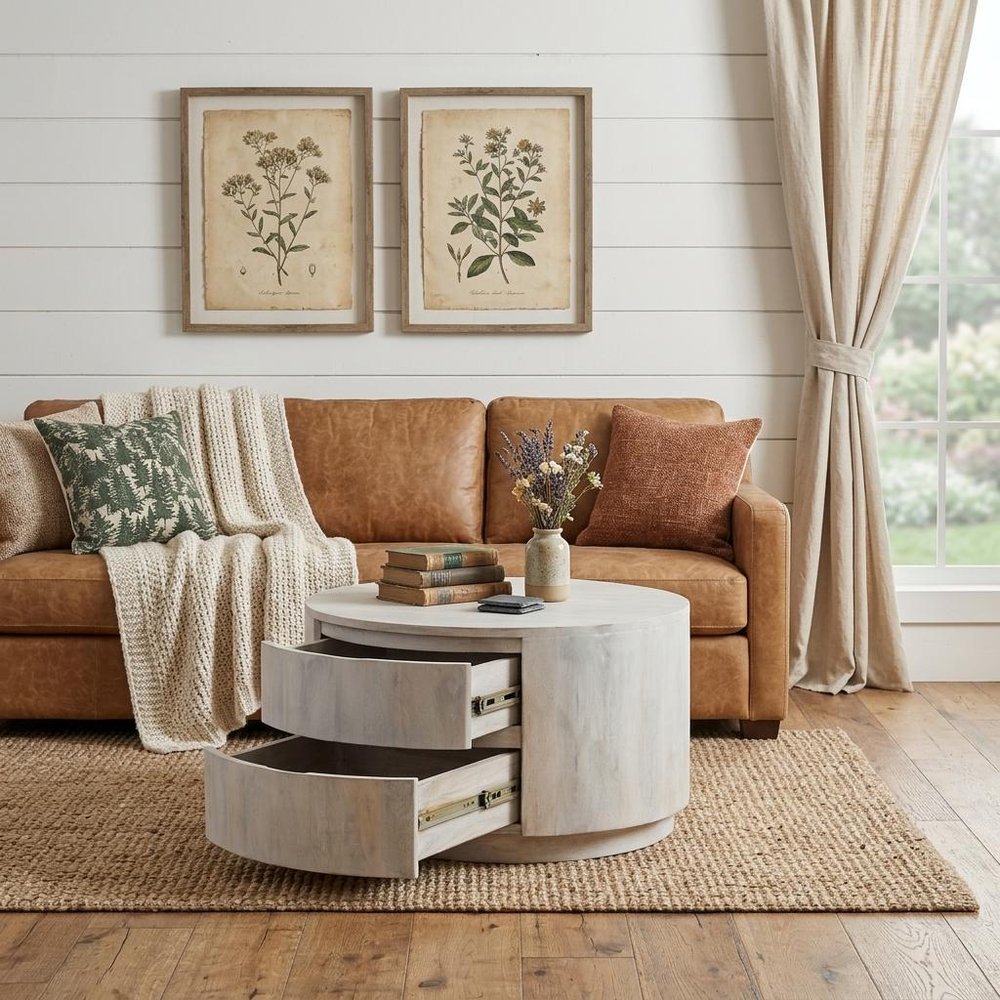 30" White Solid Wood Round Distressed Solid Drum Coffee Table With Two Drawers HomeRoots
