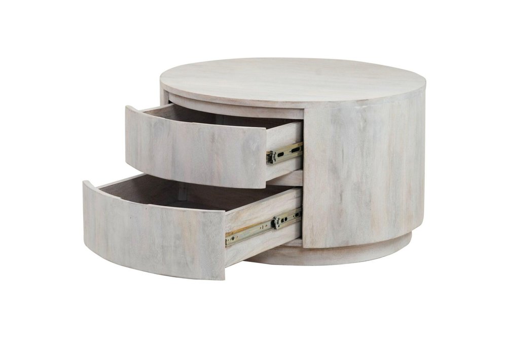 30" White Solid Wood Round Distressed Solid Drum Coffee Table With Two Drawers HomeRoots