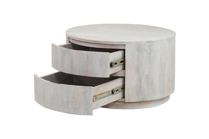 30" White Solid Wood Round Distressed Solid Drum Coffee Table With Two Drawers HomeRoots