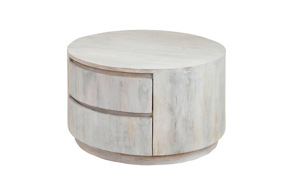 30" White Solid Wood Round Distressed Solid Drum Coffee Table With Two Drawers HomeRoots