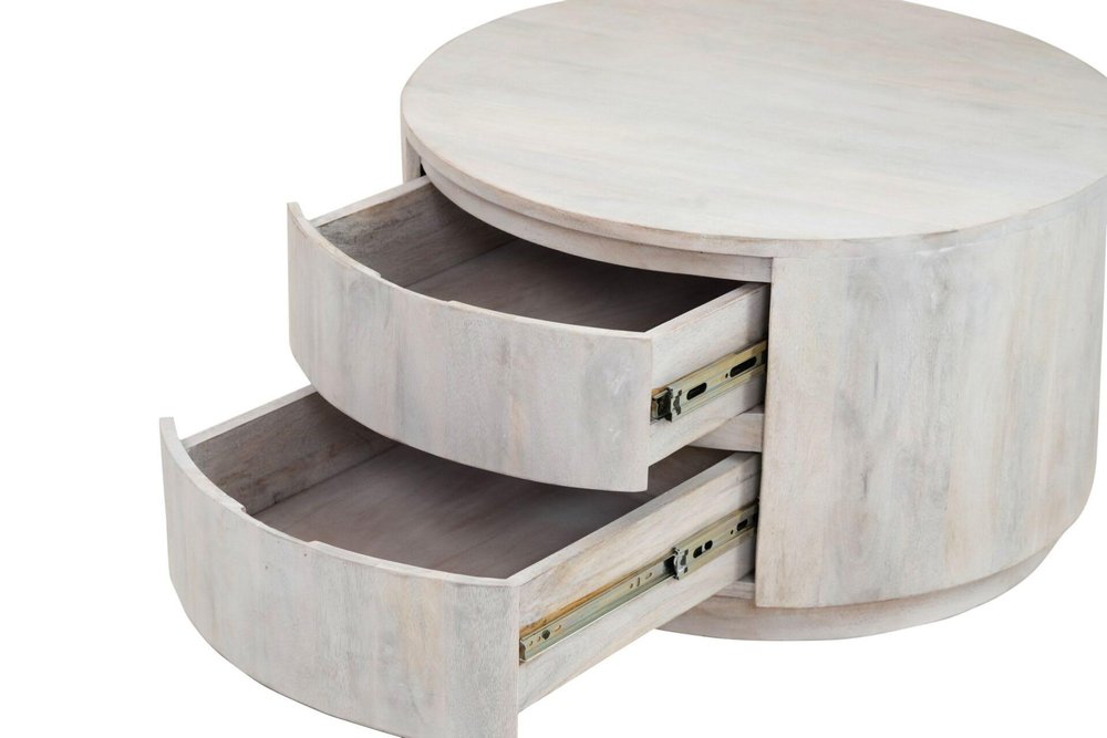 30" White Solid Wood Round Distressed Solid Drum Coffee Table With Two Drawers HomeRoots