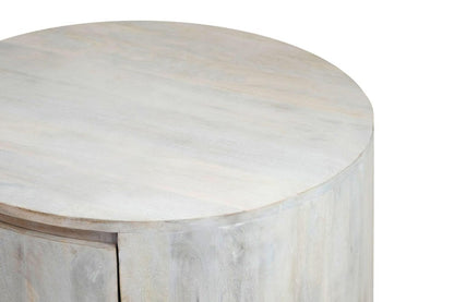 30" White Solid Wood Round Distressed Solid Drum Coffee Table With Two Drawers HomeRoots