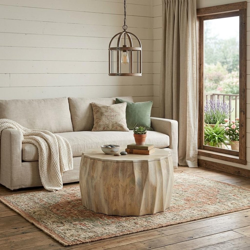30" Natural Solid Wood Round Drum Coffee Table — view 1