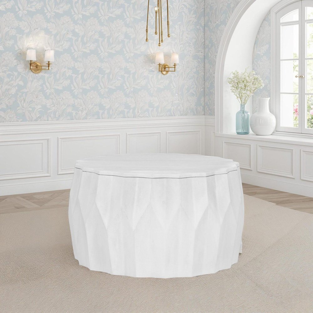 30" White Solid Wood Round Distressed Drum Coffee Table — view 7