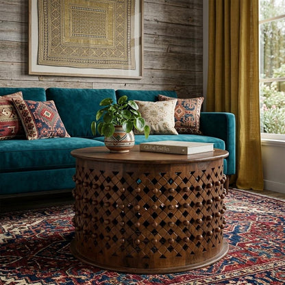 30" Chestnut Solid Wood Round Drum Coffee Table