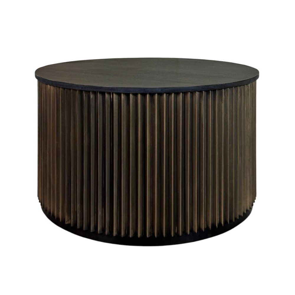 30" Black and Brass Solid Wood and Aluminum Round Drum Coffee Table HomeRoots