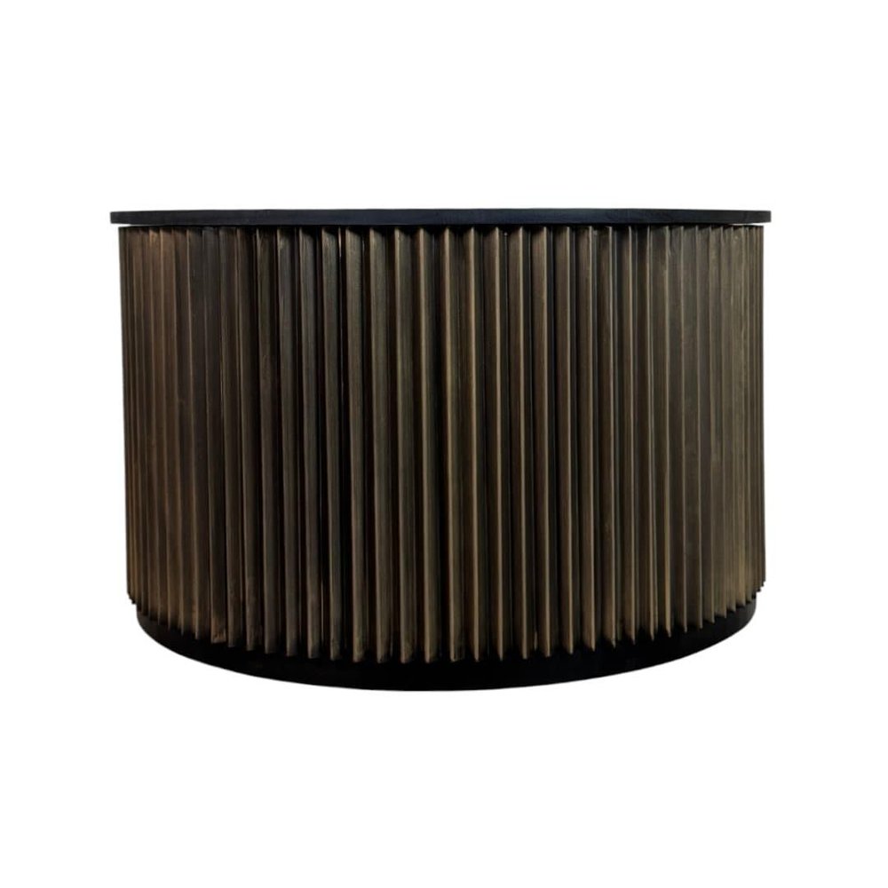30" Black and Brass Solid Wood and Aluminum Round Drum Coffee Table HomeRoots