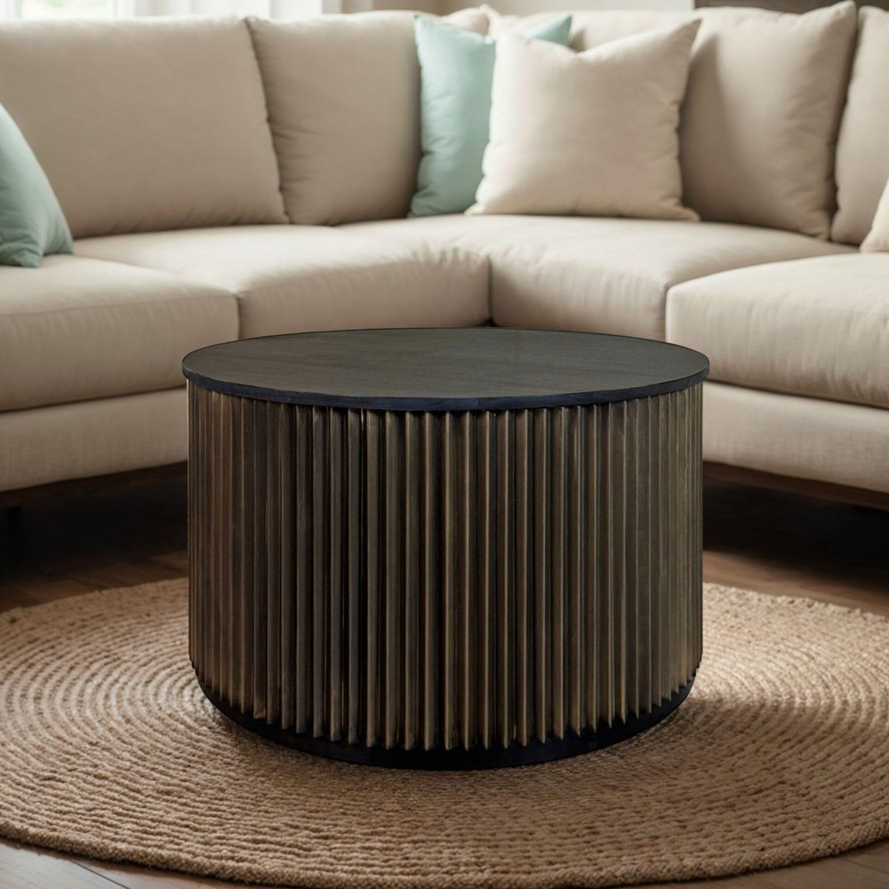 30" Black and Brass Solid Wood and Aluminum Round Drum Coffee Table HomeRoots