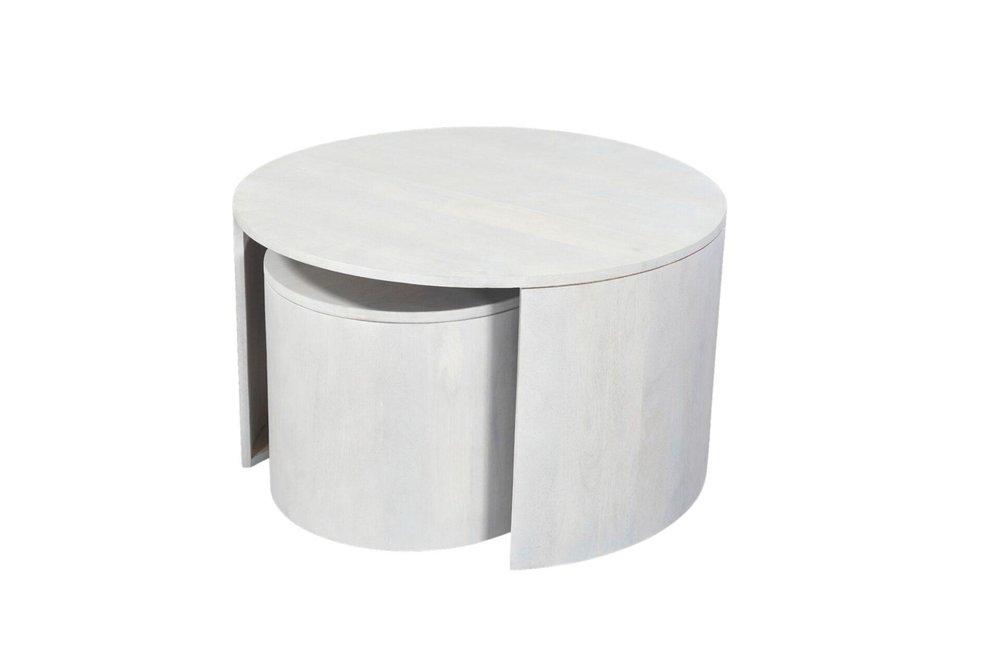 Set Of Two White Solid Wood Round Solid Nested Coffee Tables