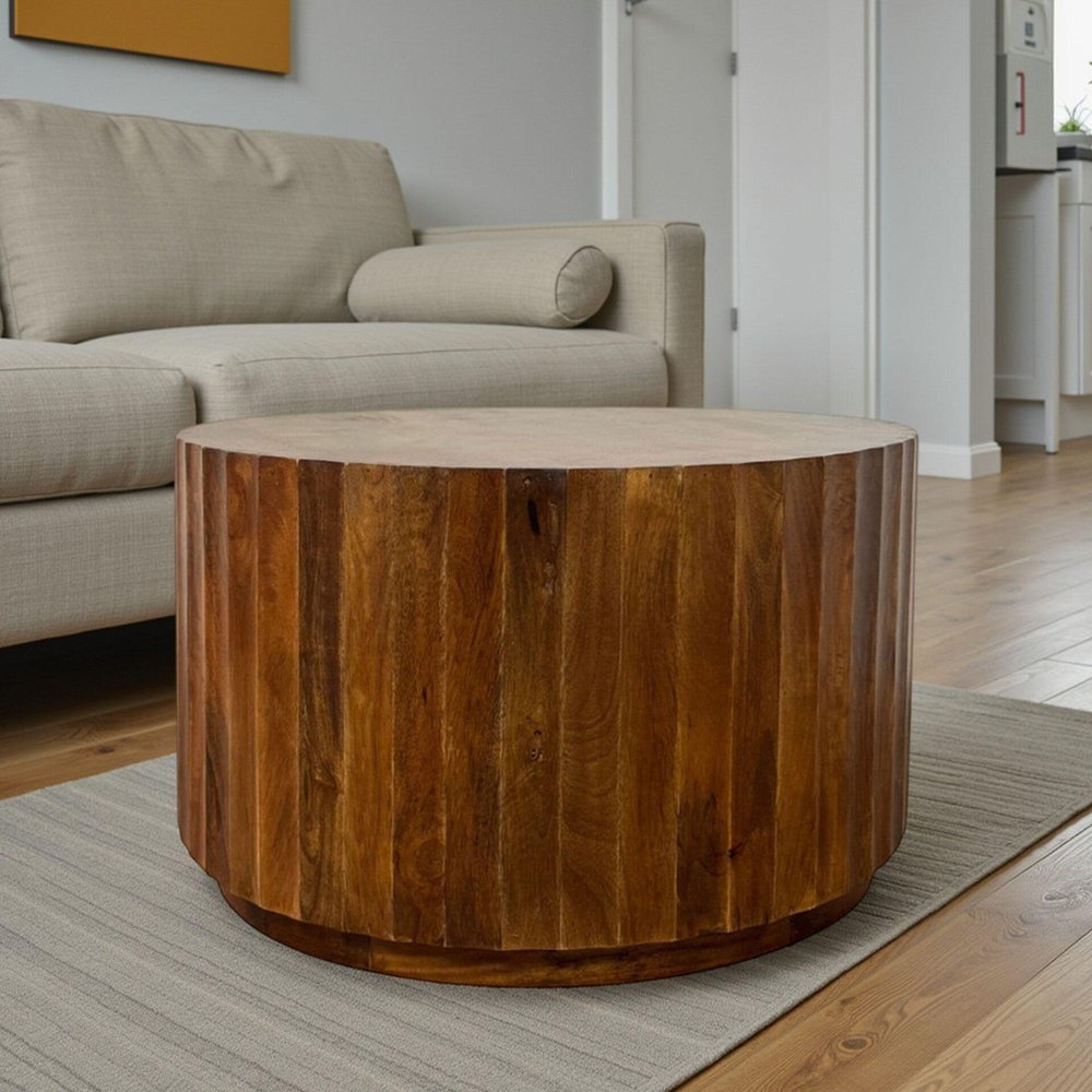 30" Chestnut Solid Wood Round Solid Drum Coffee Table