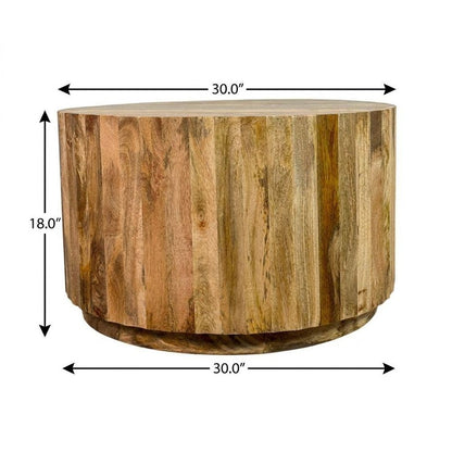 30" Natural Solid Wood Round Solid Drum Coffee Table