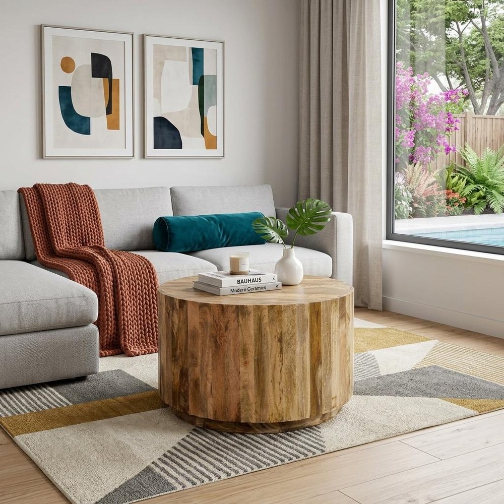 30" Natural Solid Wood Round Solid Drum Coffee Table — view 1