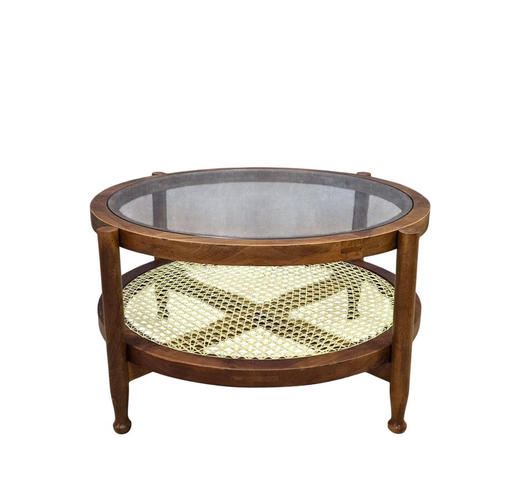 33" Clear and Oak Glass Rattan and Solid Wood Round Coffee Table