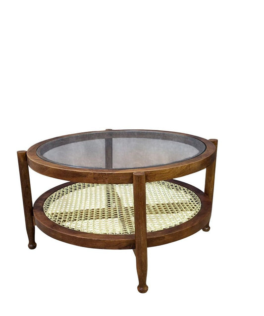 33" Clear and Oak Glass Rattan and Solid Wood Round Coffee Table