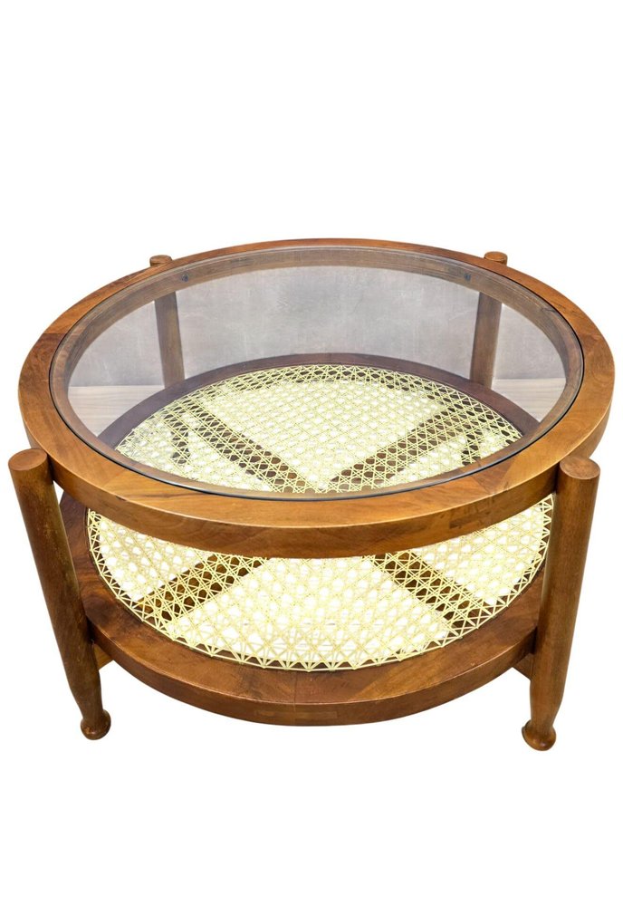 33" Clear and Oak Glass Rattan and Solid Wood Round Coffee Table HomeRoots