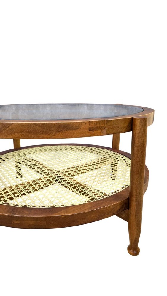 33" Clear and Oak Glass Rattan and Solid Wood Round Coffee Table HomeRoots