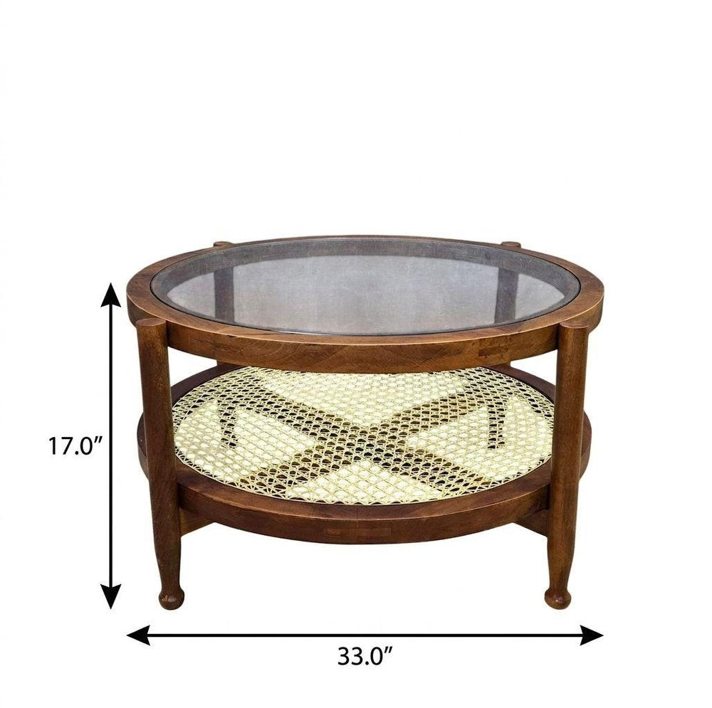 33" Clear and Oak Glass Rattan and Solid Wood Round Coffee Table — view 6