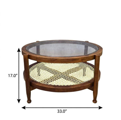 33" Clear and Oak Glass Rattan and Solid Wood Round Coffee Table HomeRoots