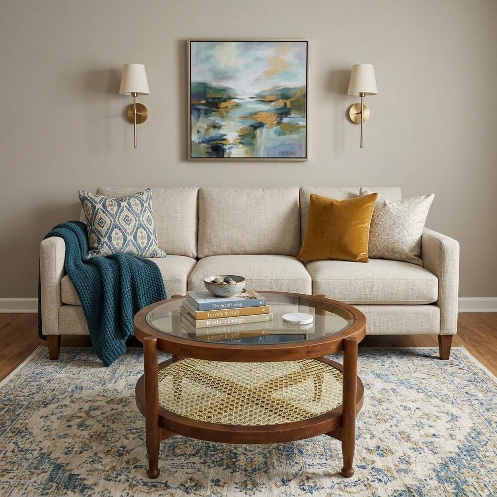 33" Clear and Oak Glass Rattan and Solid Wood Round Coffee Table HomeRoots