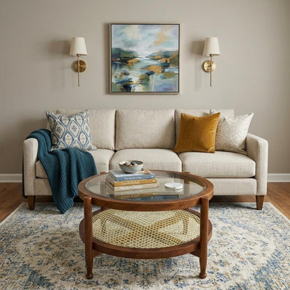 33" Clear and Oak Glass Rattan and Solid Wood Round Coffee Table