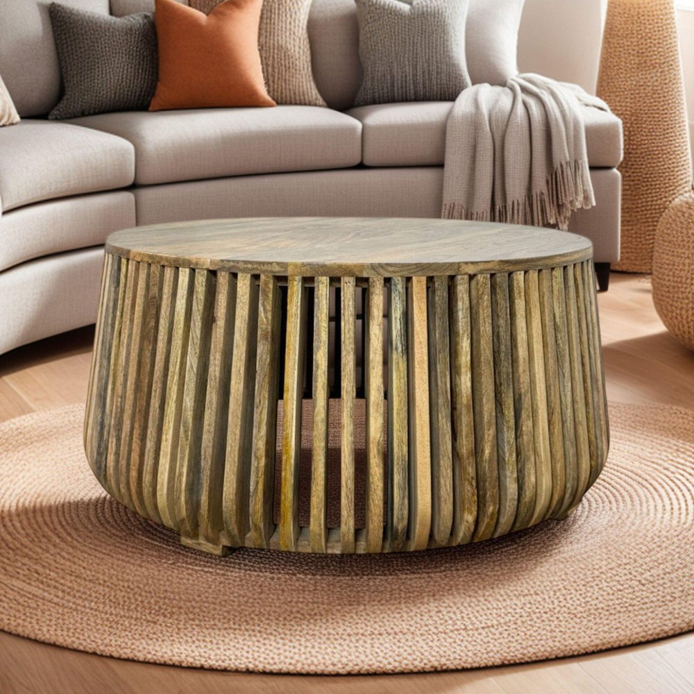 36" Natural Solid Wood Round Drum Coffee Table HomeRoots