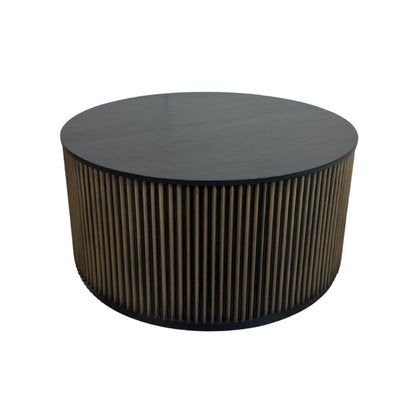 36" Black and Brass Solid Wood and Aluminum Round Solid Drum Coffee Table HomeRoots